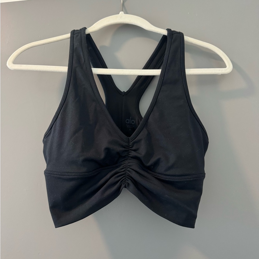 ALO Yoga Black Ruched V-Neck Racerback Sports Bra